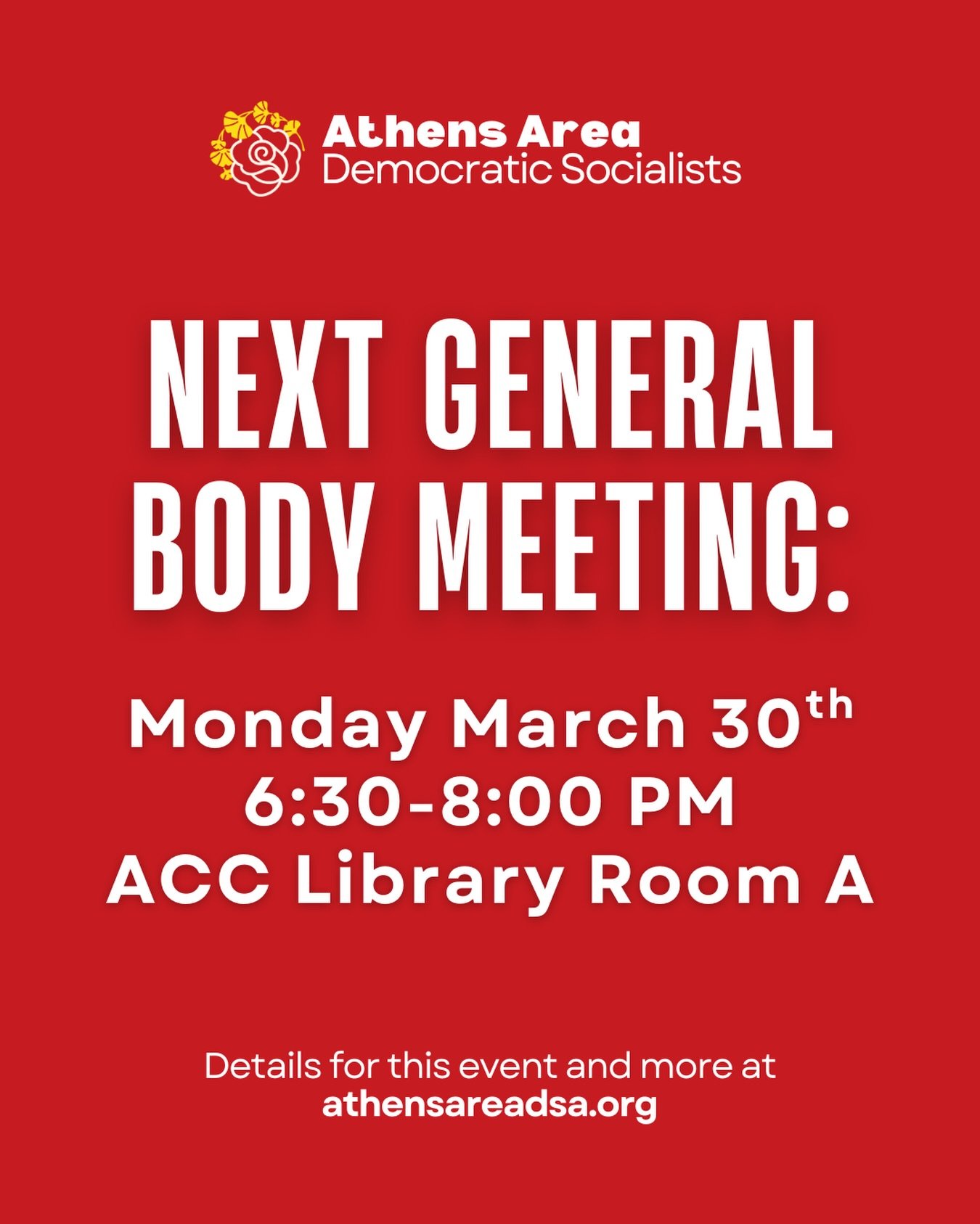 Organize and fight back! Join us for Athens Area DSA&rsquo;s next chapter meeting as we organize to get Tim Denson elected as the first nationally endorsed DSA mayor in the south, resist ICE &amp; Trump, advance the cause of Palestinian liberation , 
