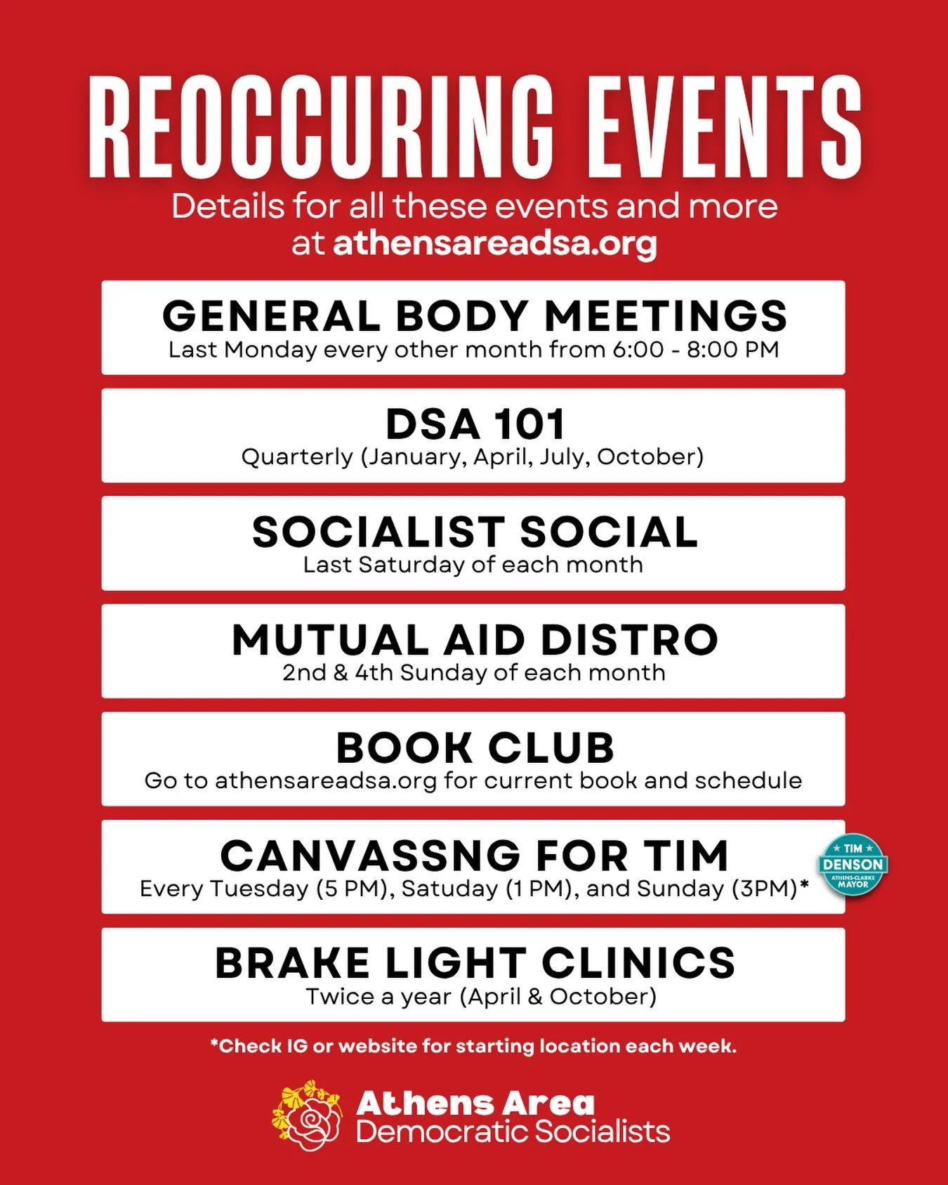 Updated list of our reoccurring events!

Looking for ways to get involved in the chapter but don&rsquo;t know where to start? Here&rsquo;s a summary of our reoccurring events; these are a perfect way to meet other members, learn about what we do, and
