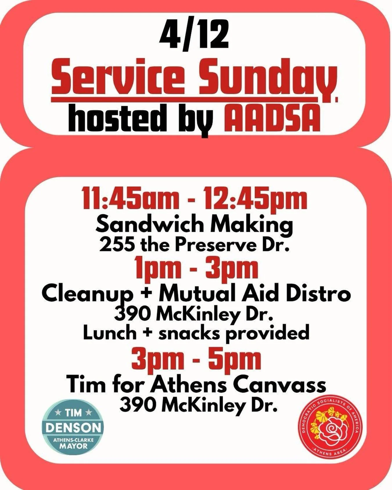 This Sunday! Join us for our mutual aid day where we will make and distribute sandwiches then do a road clean up. Afterwards, canvass for @timdenson4ath!

Materials, snacks, and water provided. Bring a friend, a charged phone, and comfy shoes!