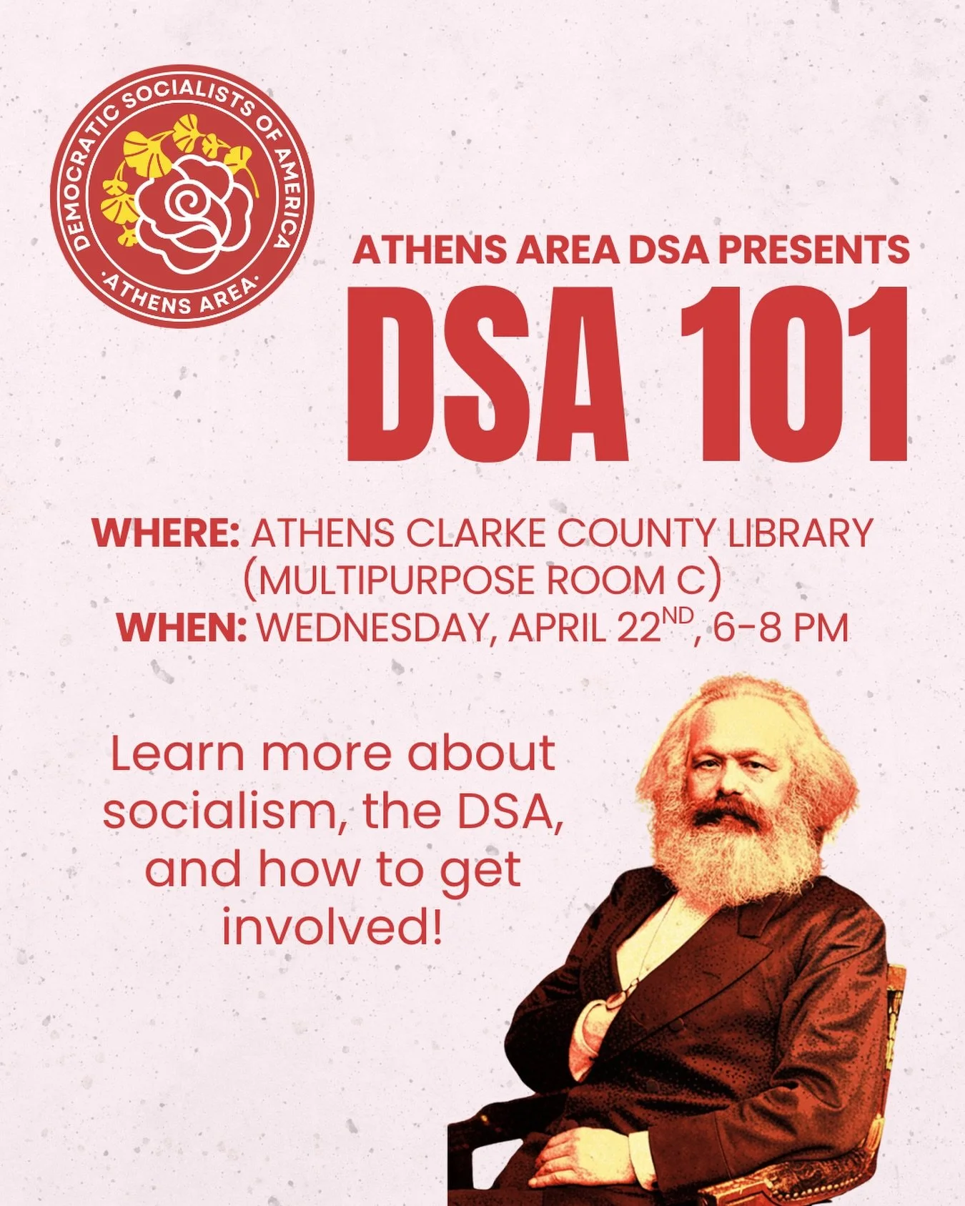 Want to learn more about Democratic Socialism? Unsure of what our chapter does or how to get involved? Want to connect with other members? Then this event is for you!

Join us for our next DSA 101, an afternoon to learn about the DSA, our chapter, an
