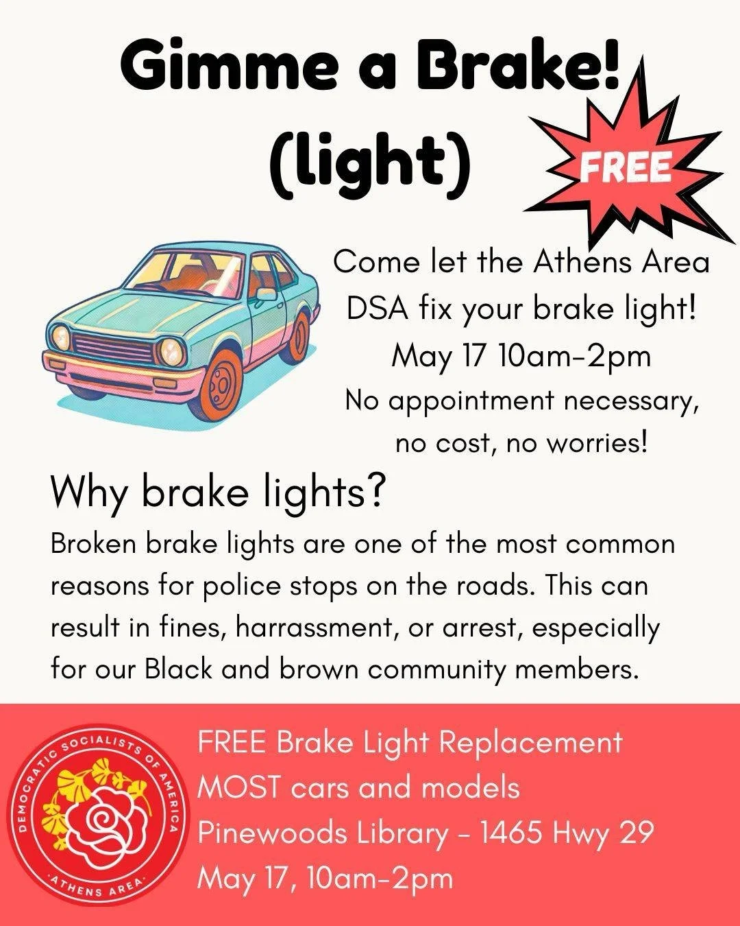 Time for our next brake light clinic! We&rsquo;ll be fixing brake lights on Sun. May 17th, 10 AM-2 PM at the Pinewoods Library. This will also be a water drive for the Pinewoods community, so please bottled water to donate!

Come hang out, fix some l