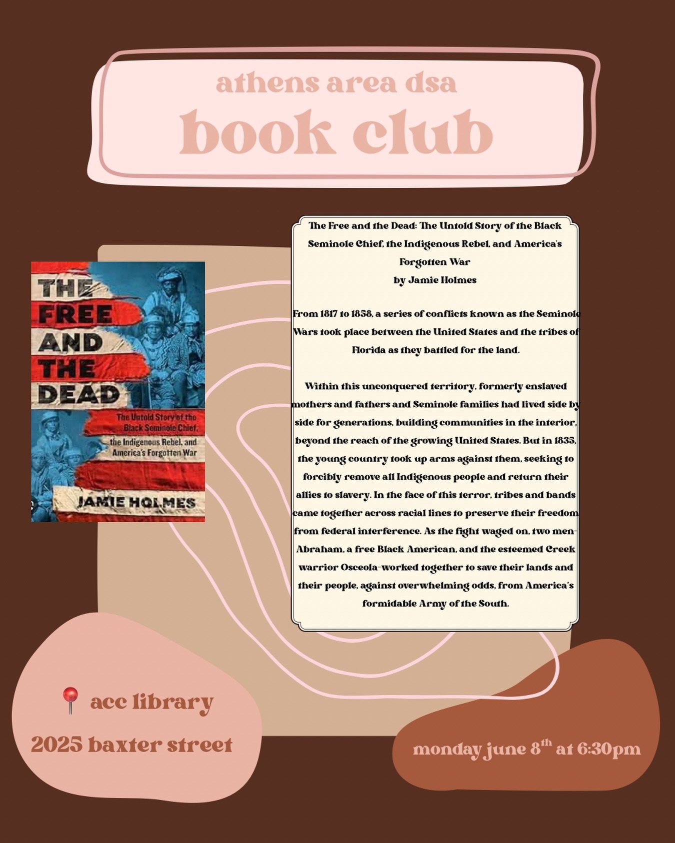 Don&rsquo;t miss our next book club meeting! This month&rsquo;s selection is &ldquo;The Free and the Dead&rdquo; by Jamie Holmes

The next book club meeting will be Monday, June 8th at 6:30 PM. 
📍 ACC Library

Book description: 
From 1817 to 1858, a