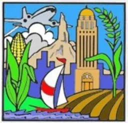 Colorful illustration of a cityscape with tall buildings, a sailboat with an American flag, mountains, clouds, a plane, and various plants including cornstalks and a leafy plant.