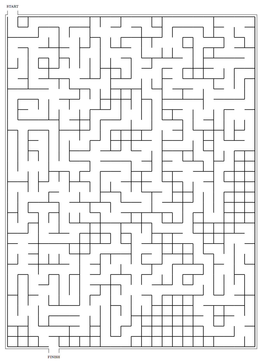 A black and white maze with a start point at the top left and a finish point at the bottom left.