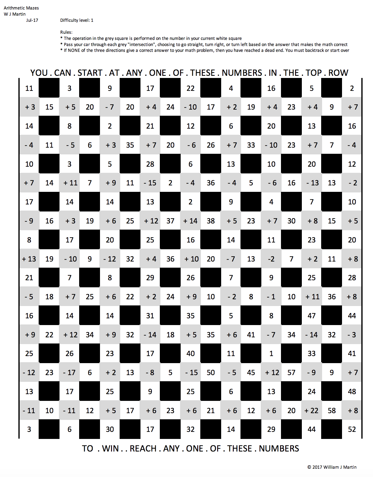 A black and white maze puzzle titled 'Arithmetic Mazes' by W J Martin, dated July 17, with instructions and numbered black squares for solving by performing arithmetic operations to reach the top row.