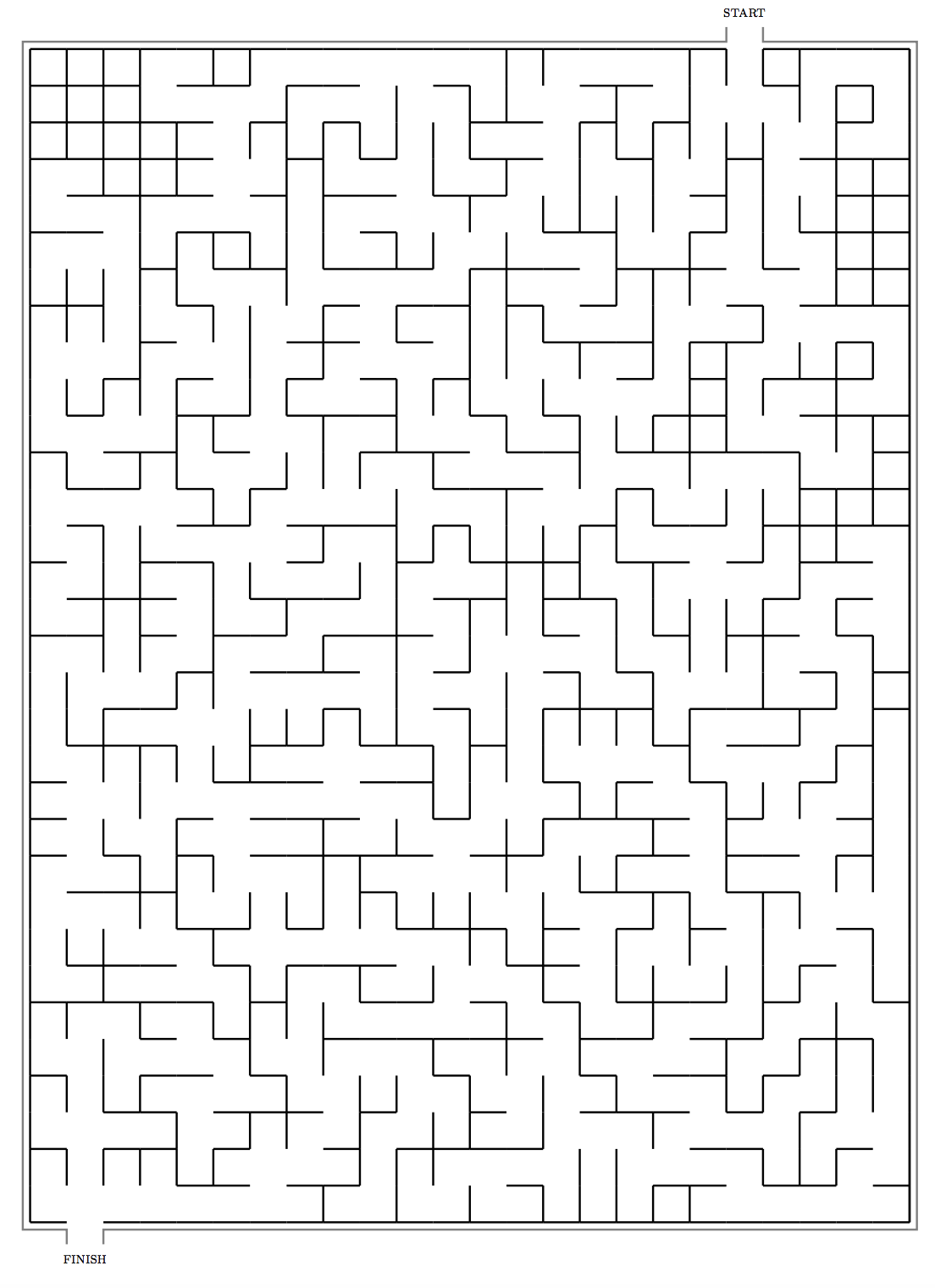 Maze puzzle with start point at the top right and finish point at the bottom left.