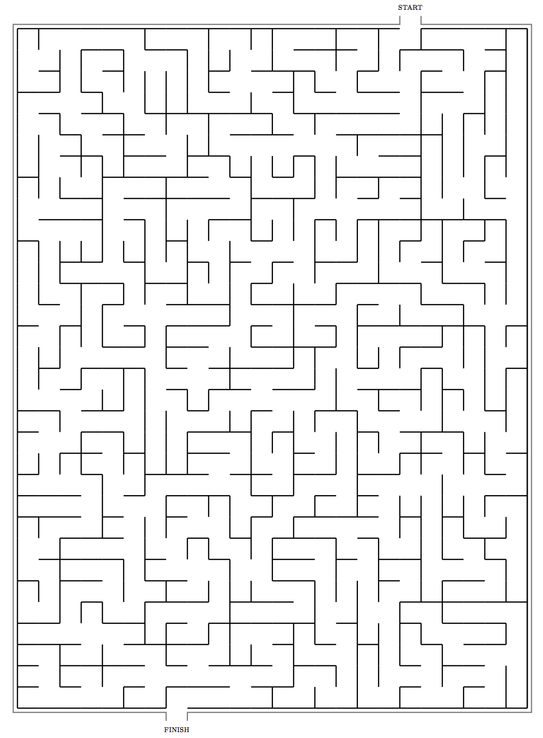 A black-and-white maze puzzle with a start point at the top right and a finish point at the bottom left.
