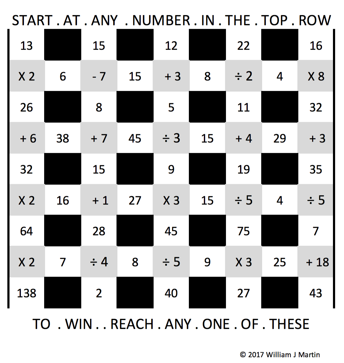A mathematical puzzle grid with instructions to start at any number in the top row and reach any one of the blacked-out squares by following arithmetic operations along the rows.