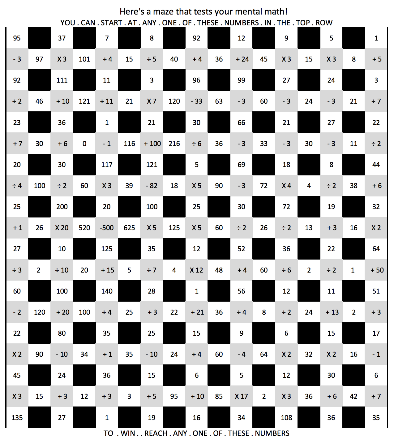A black and white maze puzzle with numbers and arithmetic problems embedded within the pathways, and a greeting at the top encouraging solving it to reach a specific number at the bottom.