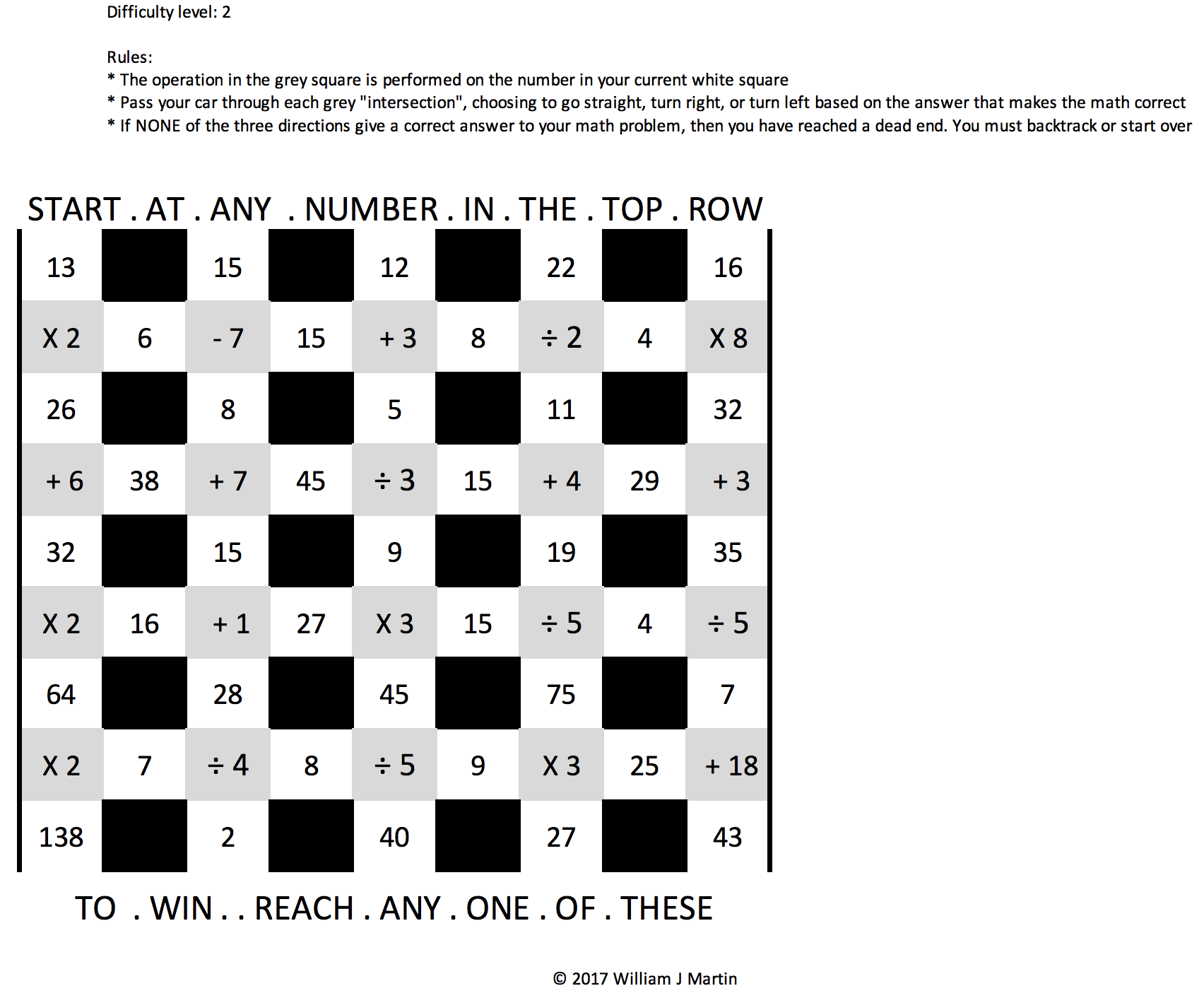 A math-based puzzle game sheet titled 'START . AT . ANY . NUMBER . IN . THE . TOP . ROW'. The sheet has five rows, each containing numbers, mathematical operations, and black squares. The goal is to navigate from the top row to the bottom by followin