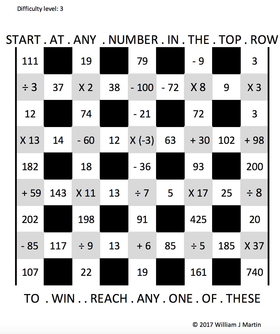 A math puzzle grid with instructions to start at any number in the top row and reach any one of the other numbered cells using specified operations. The grid includes numbers and mathematical operations, with some blacked-out cells.