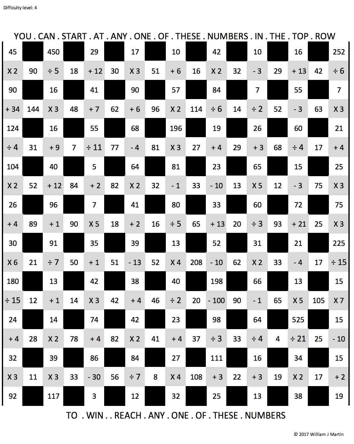 A black-and-white logic puzzle grid with numbers, mathematical operations, and instructions for starting at any of the top row numbers to reach any of the bottom row numbers.