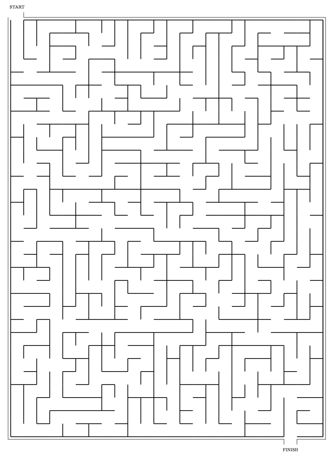 A black and white maze puzzle with a start point in the top left corner and a finish point in the bottom right corner, featuring a complex network of walls and pathways.