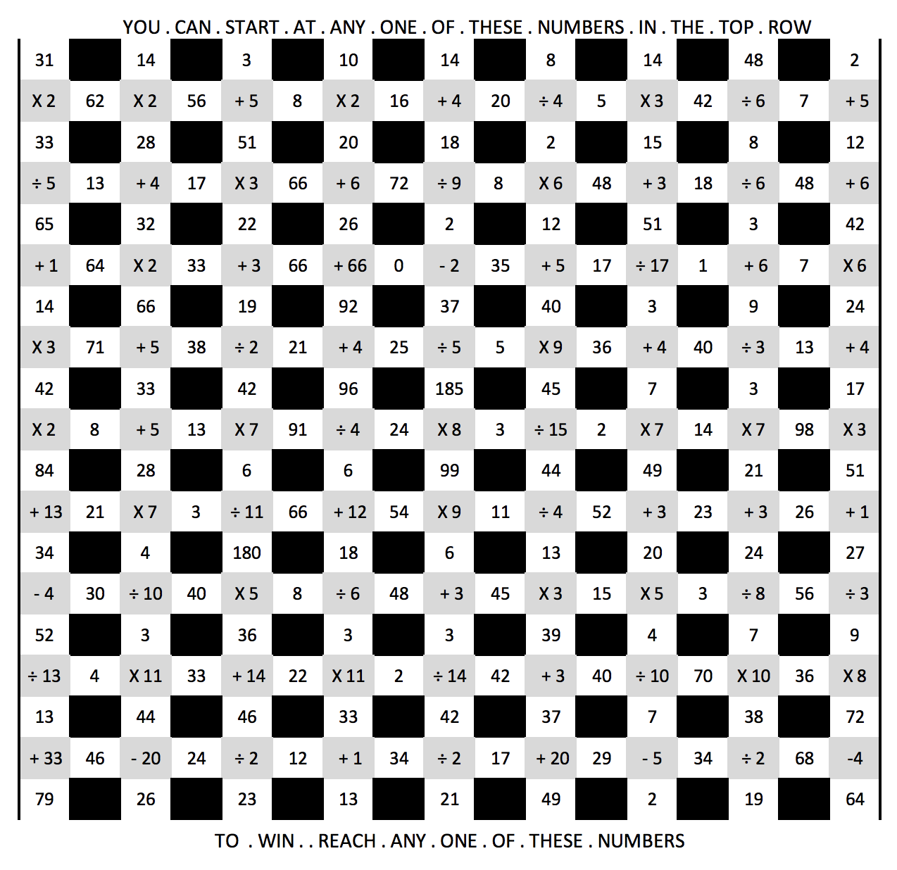 A black and white puzzle grid with some numbers and mathematical operations, and the quote: 'You can start at any one of these numbers in the top row to win reach any one of these numbers.'