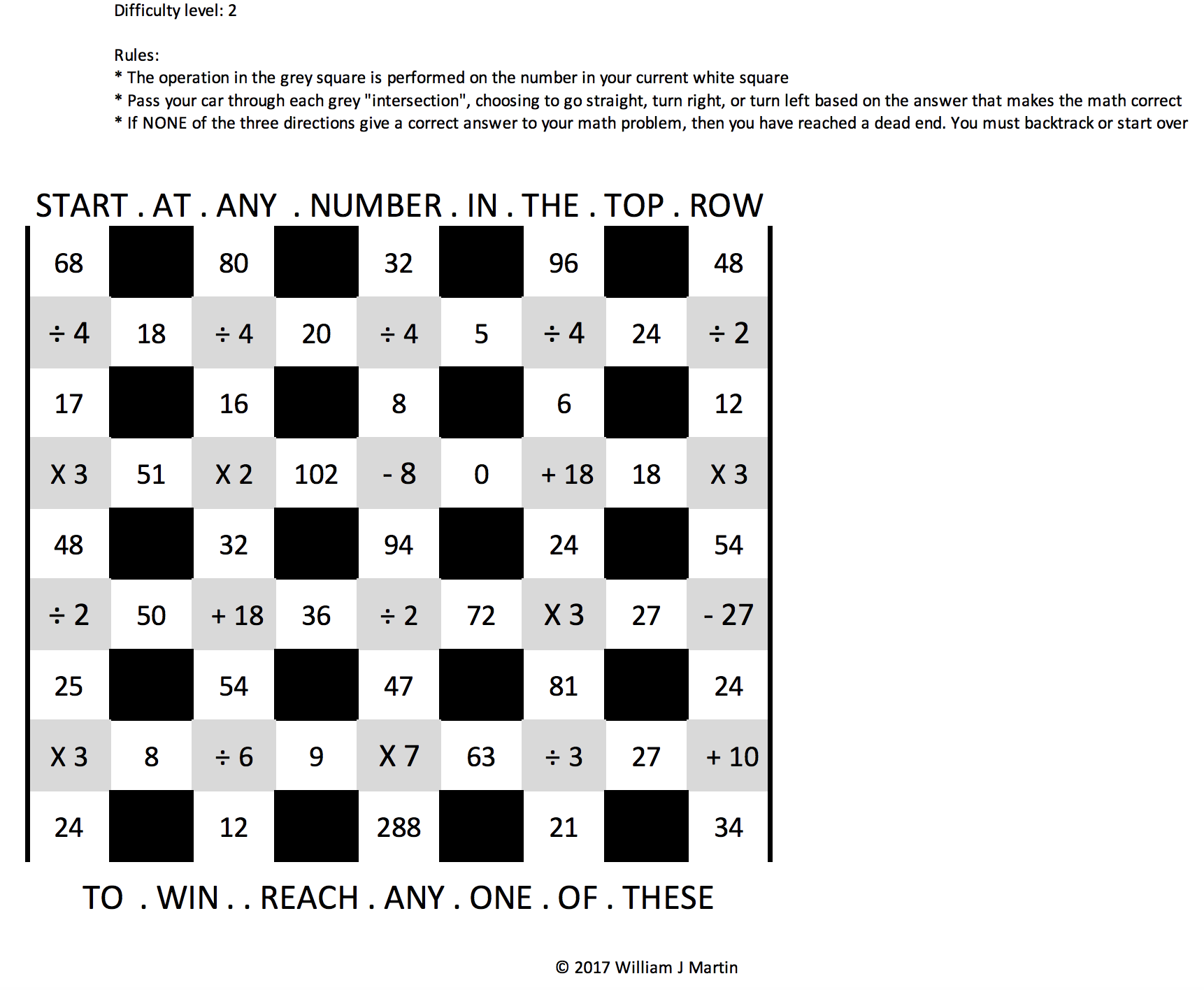 A crossword-style puzzle with numbered cells and math problems, where black squares separate sections. Instructions at the top detail rules for passing a car through intersections and performing calculations. The goal is to reach a specific number in