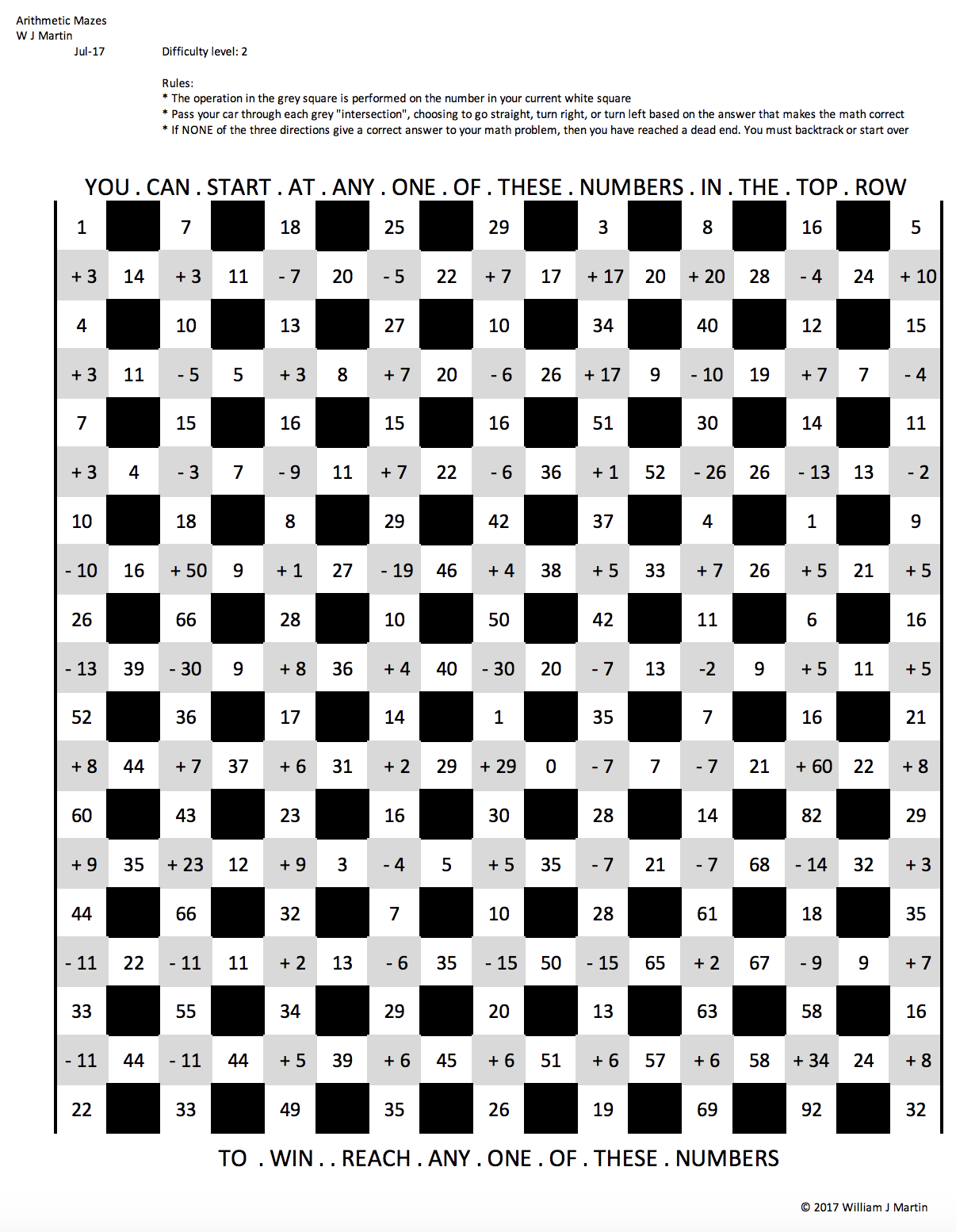A black-and-white arithmetic maze puzzle grid with numbers and mathematical operations, titled 'Arithmetic Mazes' by W J Martin, showing rules and instructions for solving the maze to reach any one of the numbers in the top row.