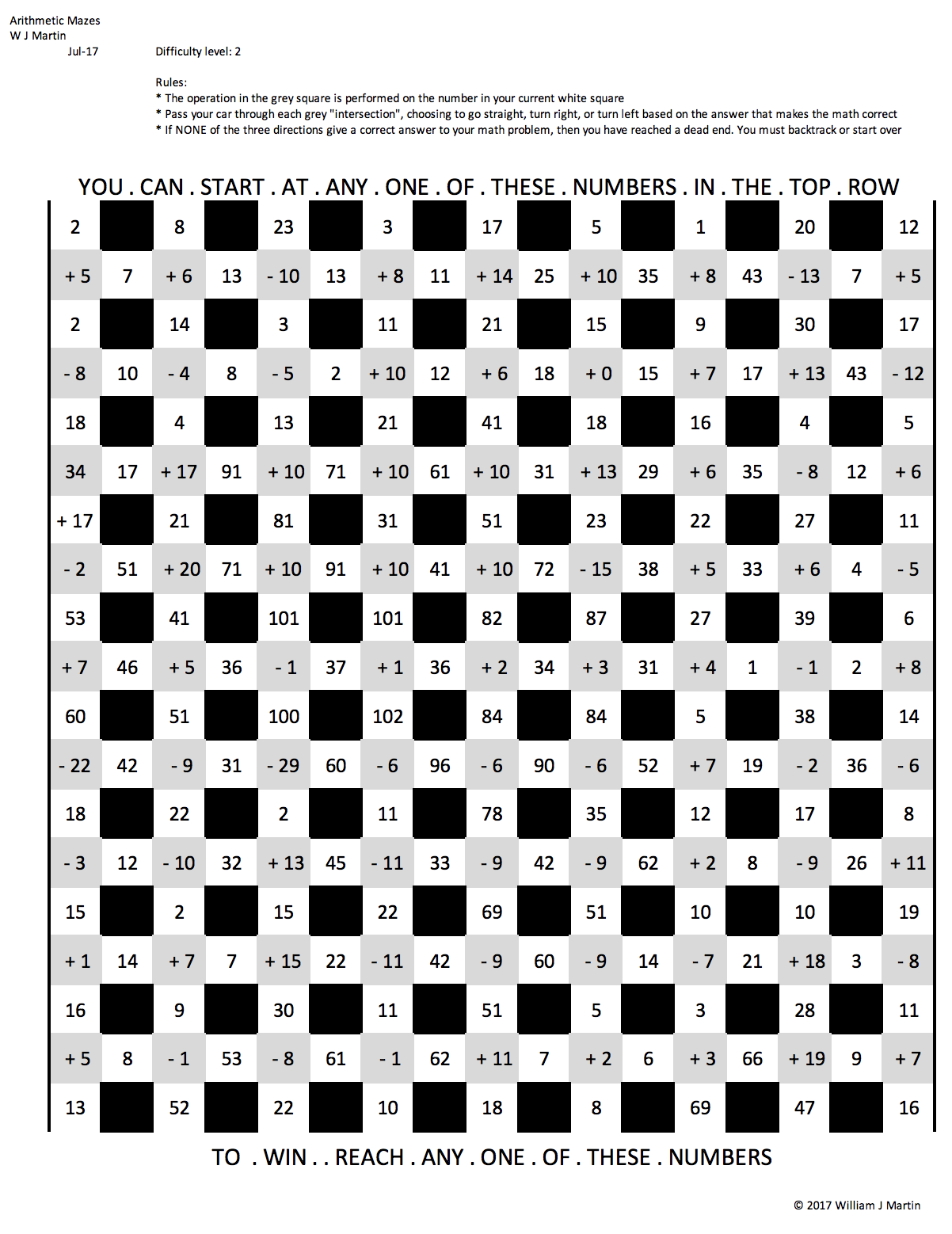 A maze puzzle titled "Arithmetic Mazes" with a sequence of numbers and instructions to navigate from start to reach specific target numbers by performing arithmetic operations.