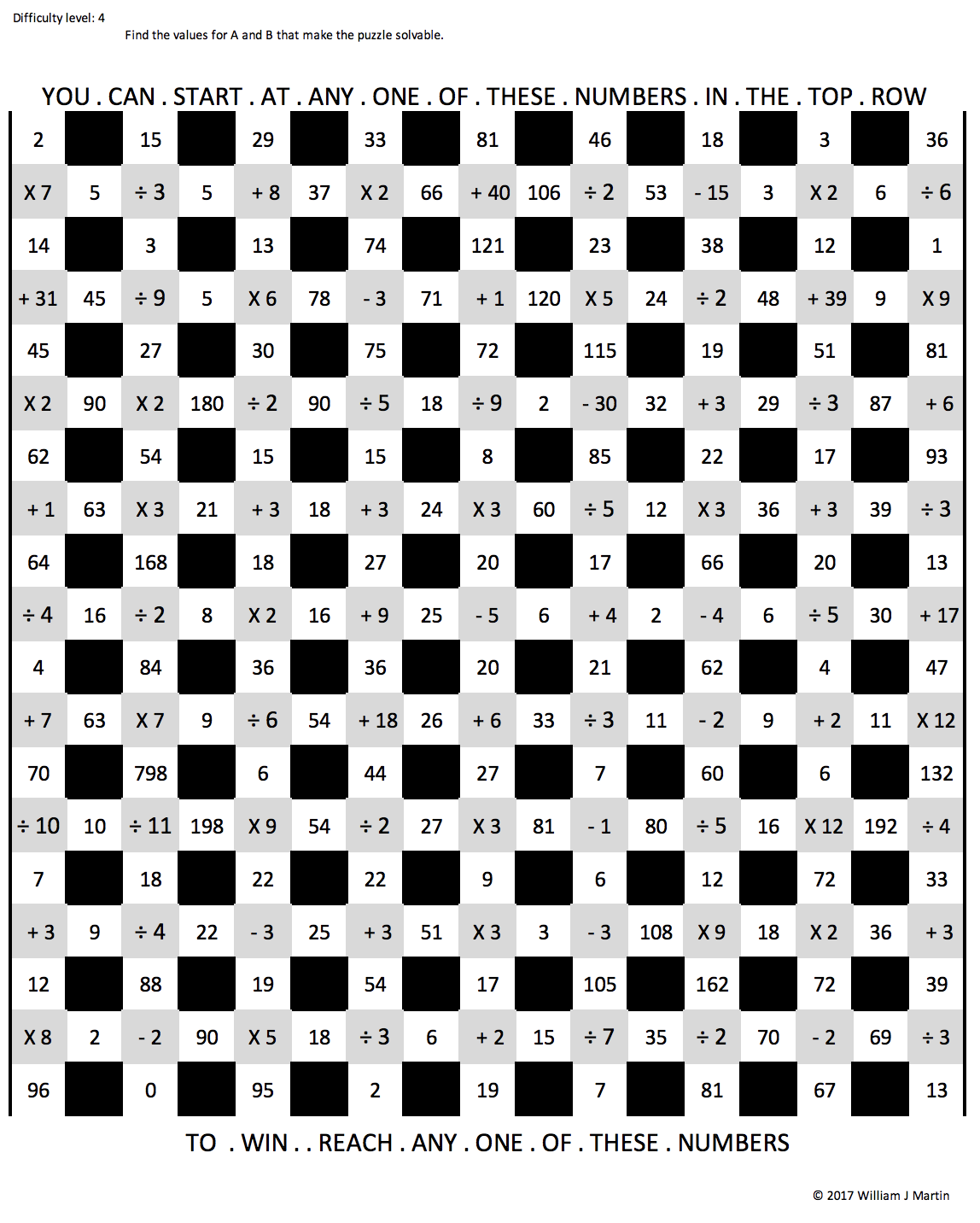 A math puzzle with instructions to find values for A and B to make the puzzle solvable. The puzzle contains a grid of numbers and math operations, with blacked-out cells. The top and bottom edges have instructions to start at any one of the numbers i
