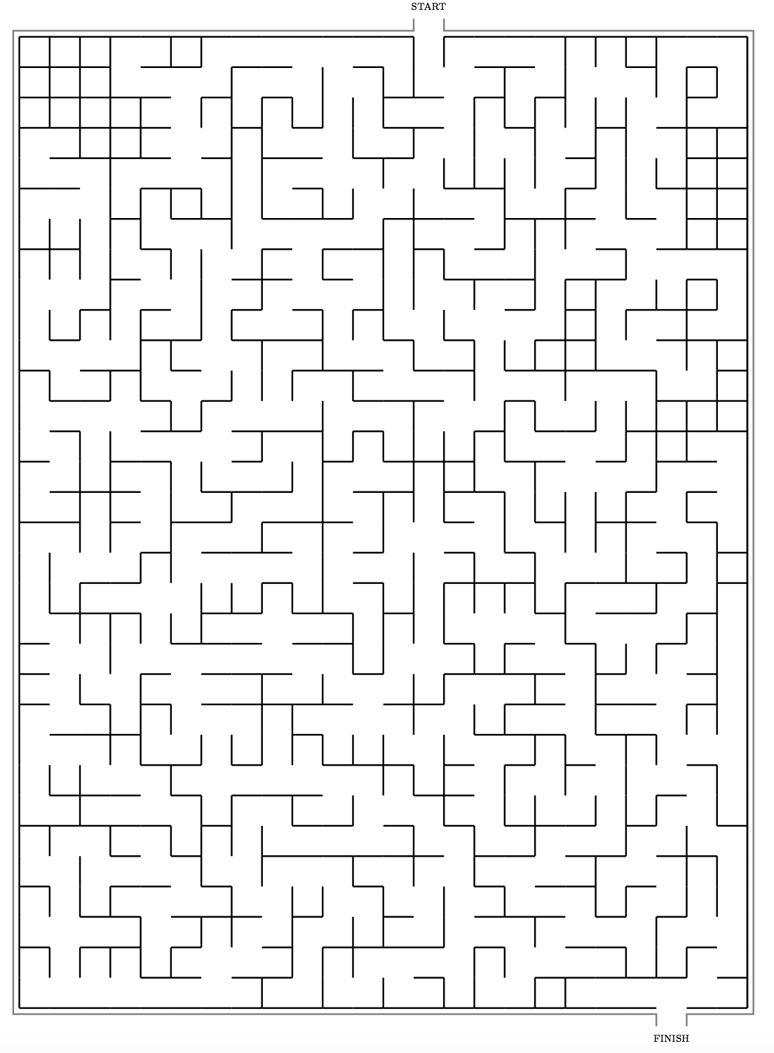 Maze puzzle with start point at the top middle and finish point at the bottom right.