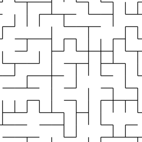Black maze with intersecting walls on a white background.
