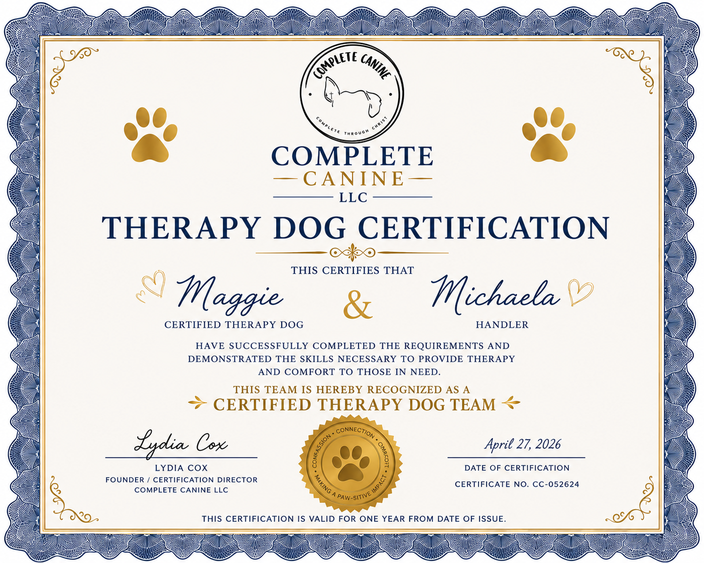 Therapy dog certification.
