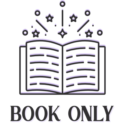 An open book with decorative elements like stars and circles above it, and the words 'BOOK ONLY' below in a stylized font.
