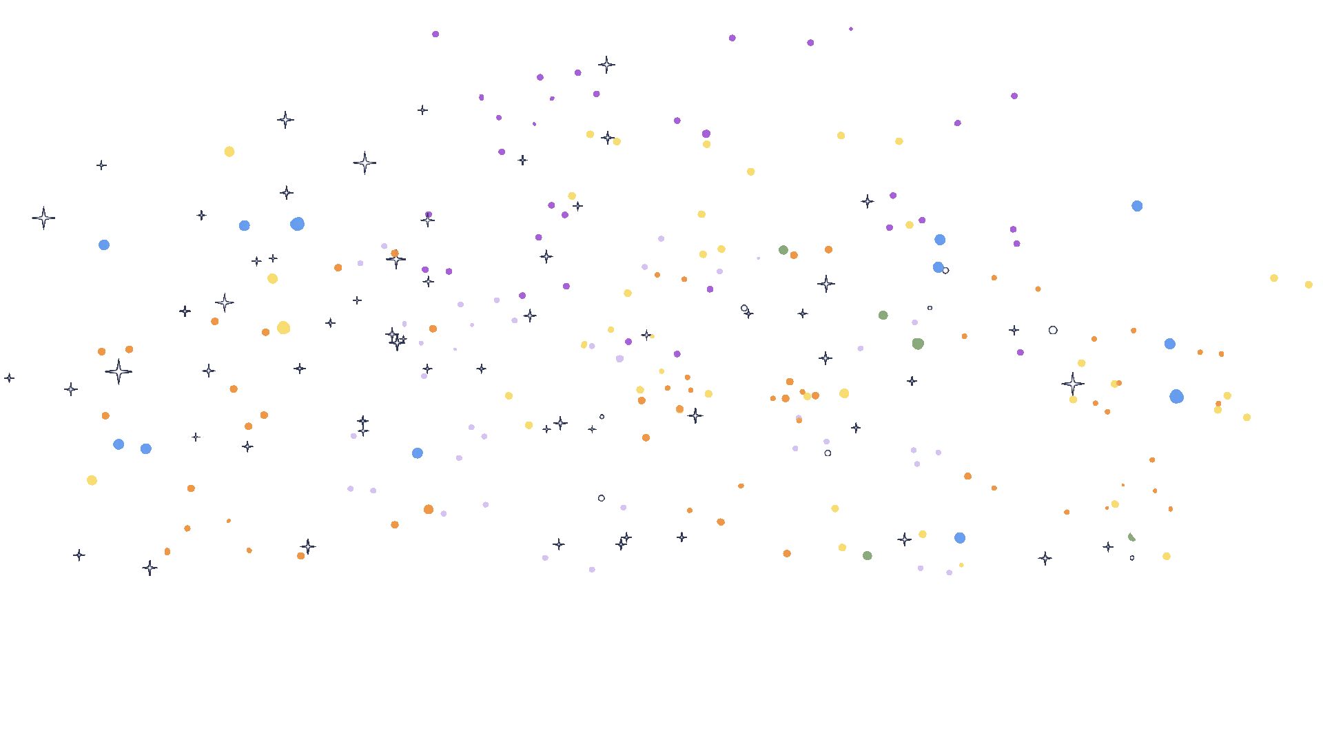 Colorful dots and star shapes scattered across a light gray background.