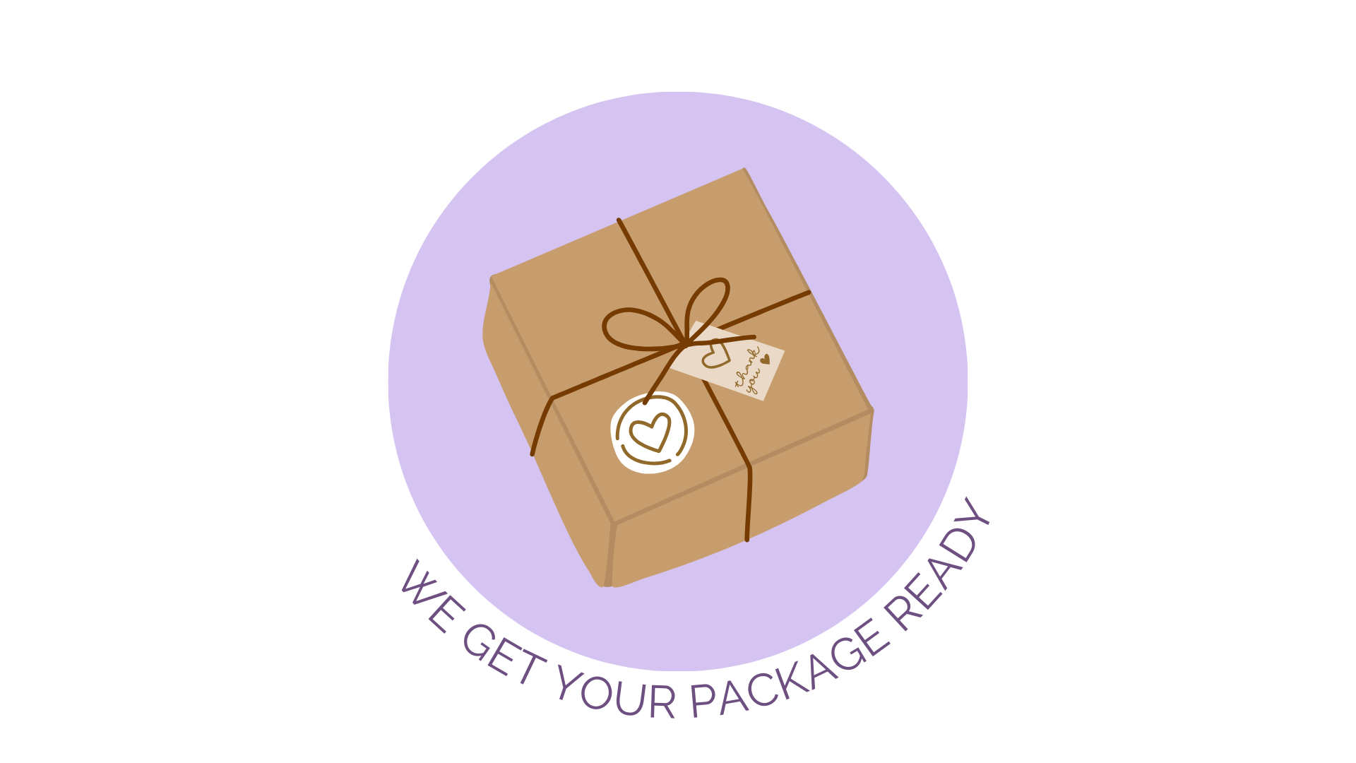 Illustration of a package wrapped in brown paper with a black ribbon, with a tag that says 'thank you' and a wax seal with a heart. The text around the image says 'Order Now' at the top and 'We get your package ready' at the bottom.