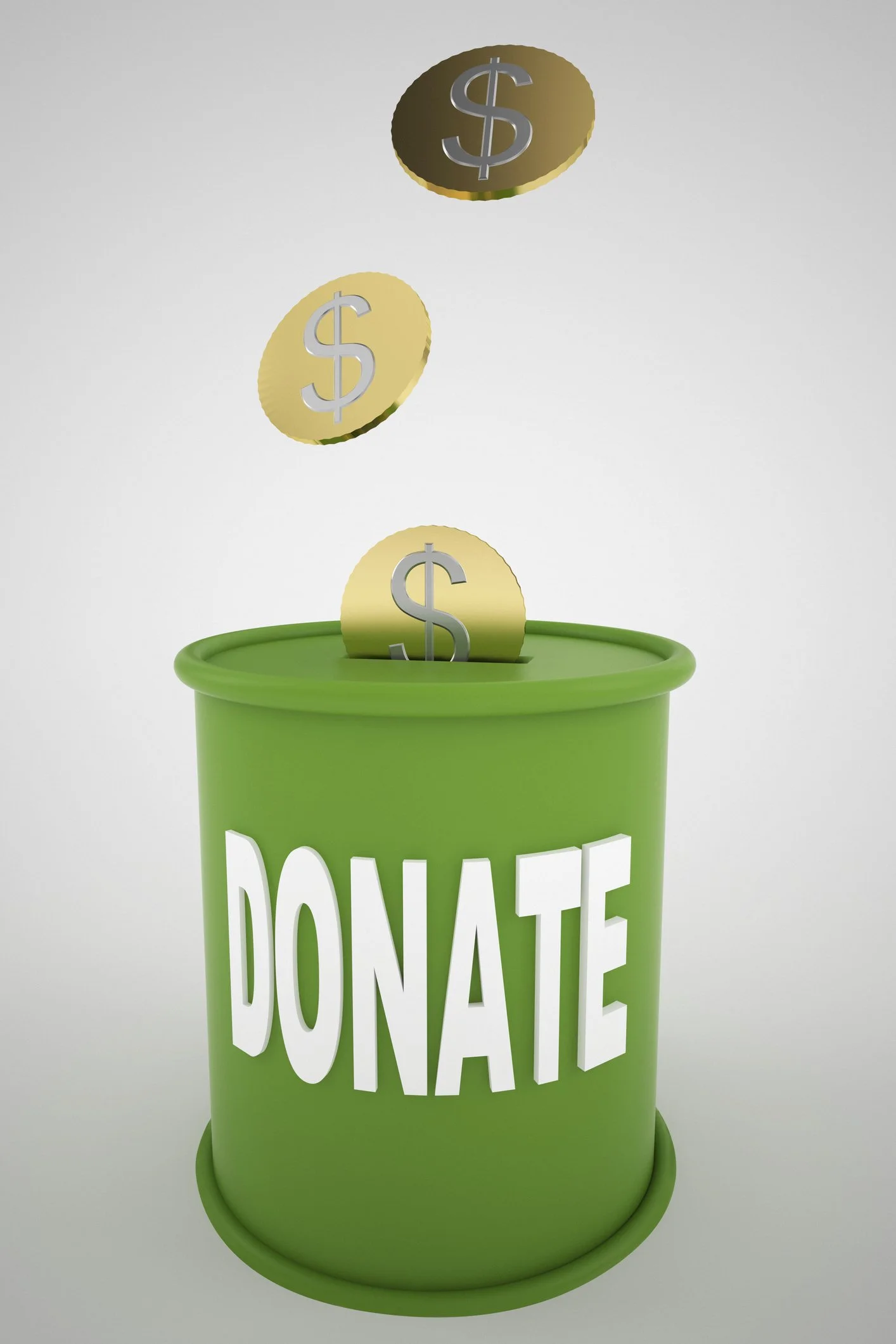 Green donation can with the word 'DONATE' on it, and three falling gold coins with dollar signs.