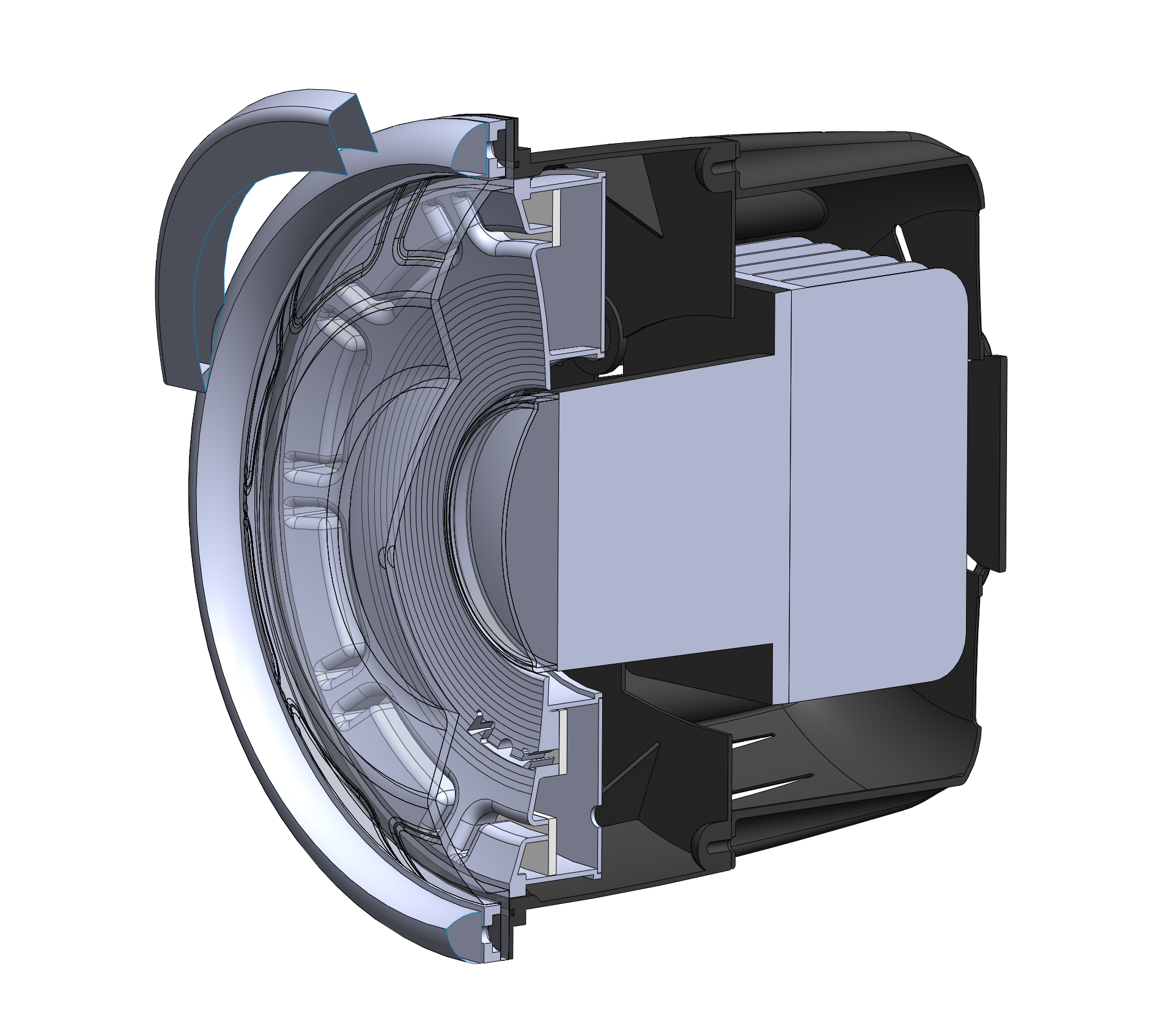 Cutaway view of the assembly showing the provisions for fasteners, light diffusing panels, and o-rings