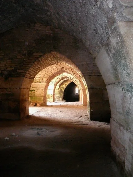 A series of ancient stone arches inside a tunnel or cellar, illuminated by warm lighting.