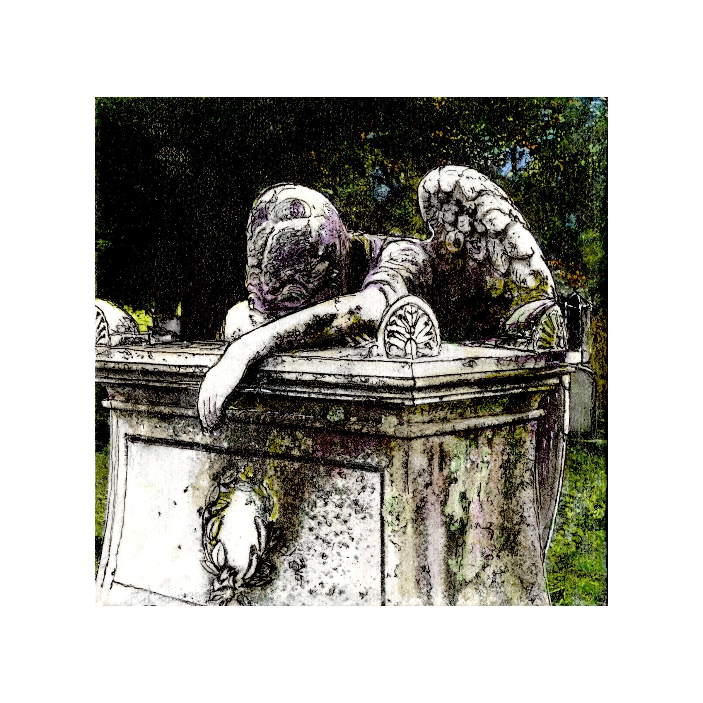 Title: Silent Grace.  
6x6 Canvas Mixed Media

A close study of the iconic weeping angel at Friendship Cemetery in Columbus, Mississippi, this piece captures a timeless symbol of remembrance, love, and quiet reflection. Framed through expressive mixe