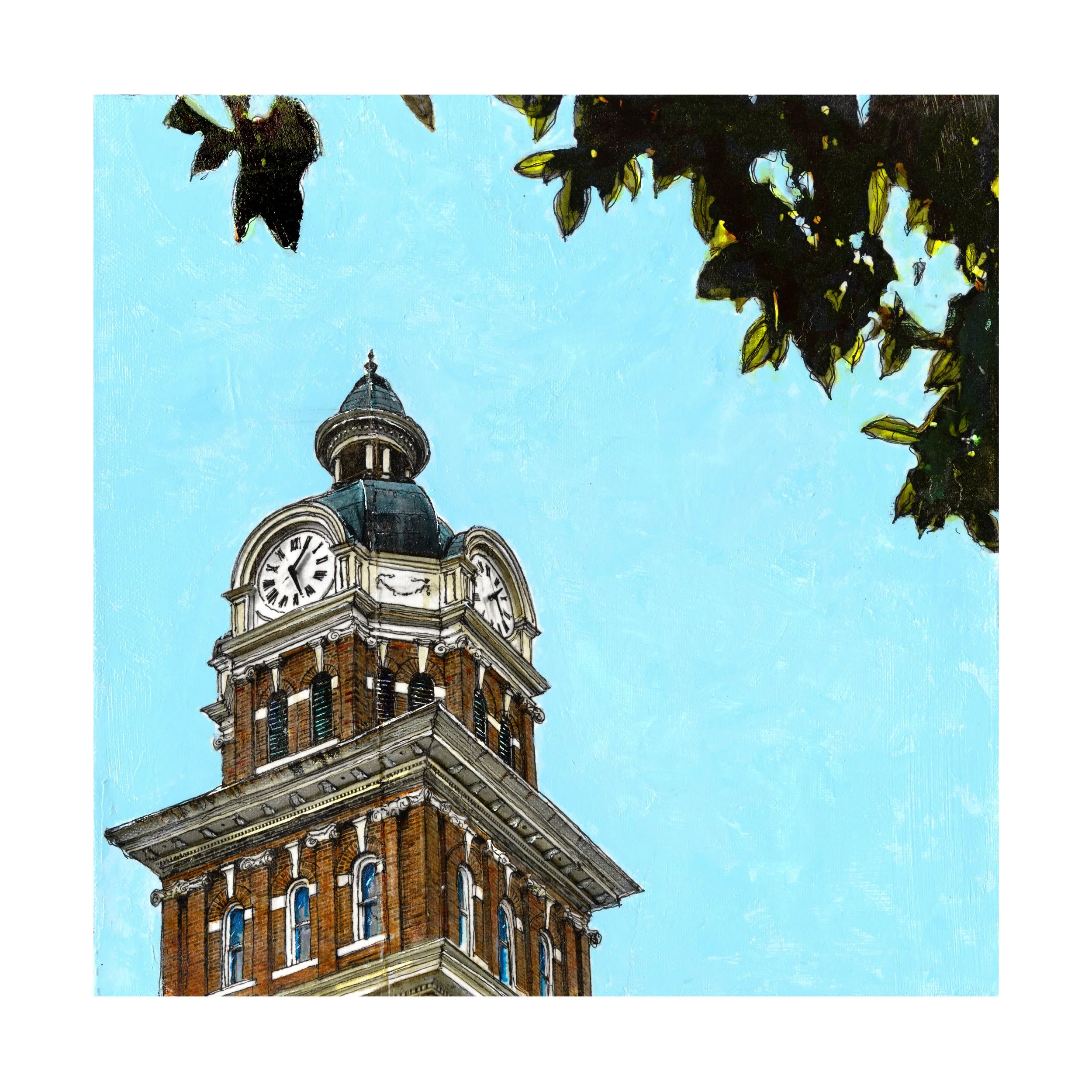 Title:  Framed in Time. 
12 x 12 Mixed Media on Canvas
Lowndes County Courthouse