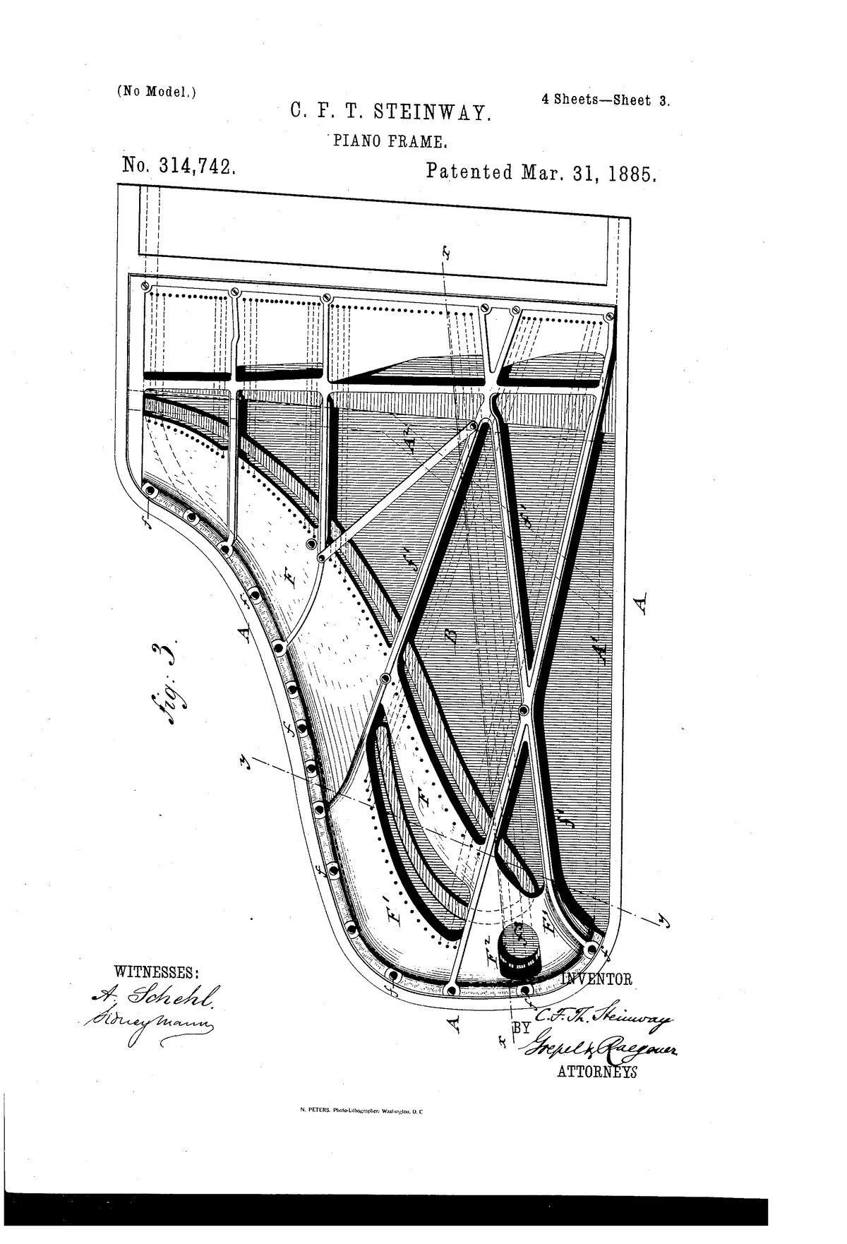Blueprint of a piano frame designed by C. F. T. Steinway, patented on March 31, 1885, with detailed mechanical drawings and annotations.