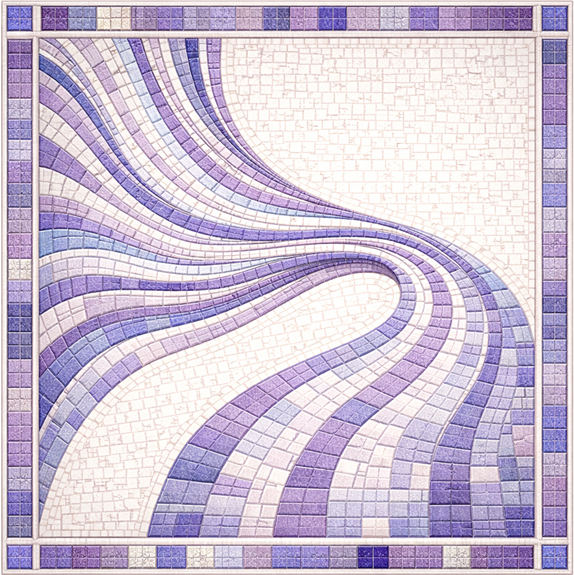 Mosaic artwork featuring flowing curved lines in shades of purple, lavender, and white, bordered by a decorative frame.