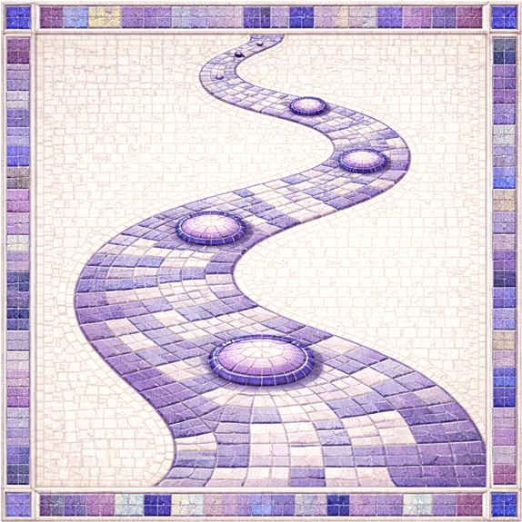 Decorative mosaic tile floor with a winding purple path and circular accents, bordered by a colorful tiled frame.