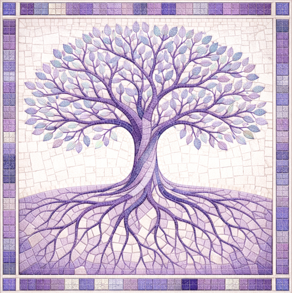 A mosaic of a tree with purple and blue leaves, roots, and trunk, framed by a purple tiled border.