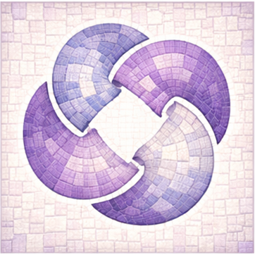 Abstract circular mosaic pattern in shades of purple and blue on a tiled background.