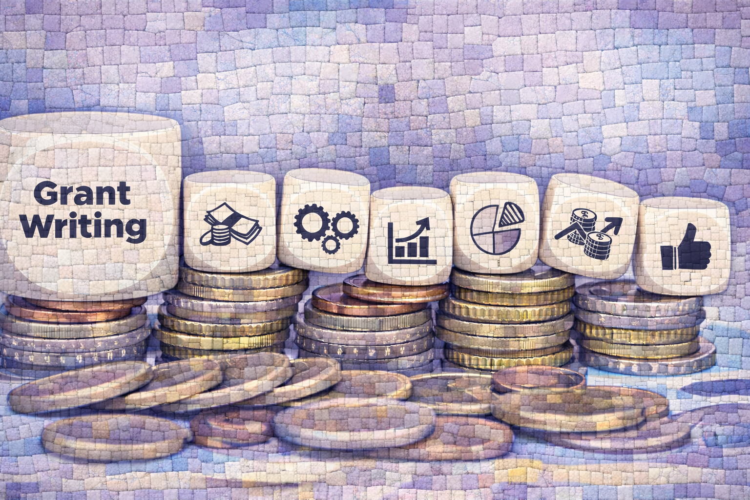 Stacks of coins with cubes featuring icons related to grant writing, including a graduation cap and diploma, gears, a rising chart, pie chart, dollar signs, and a thumbs-up symbol.