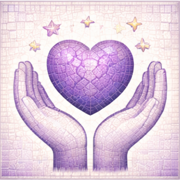 Two purple hands gently holding a purple cracked heart, surrounded by small stars.