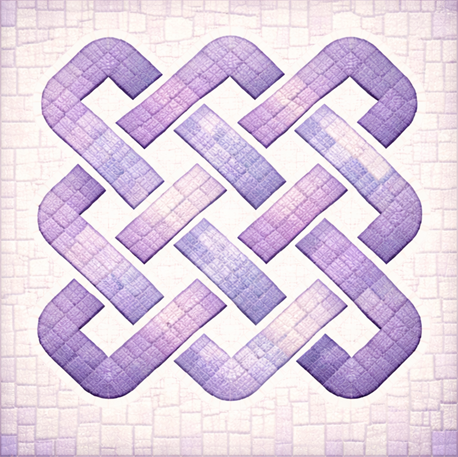 Purple and beige woven pattern with interlocking shapes on a textured background.