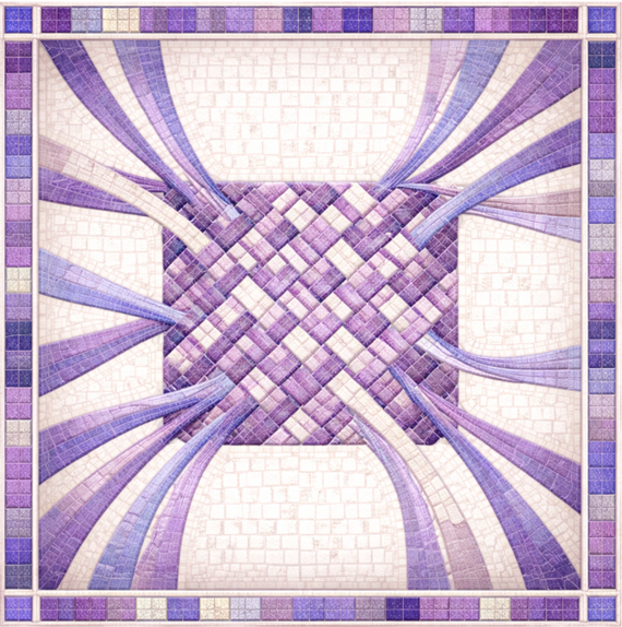 Mosaic tile artwork with intertwining purple and blue ribbons over a beige background.