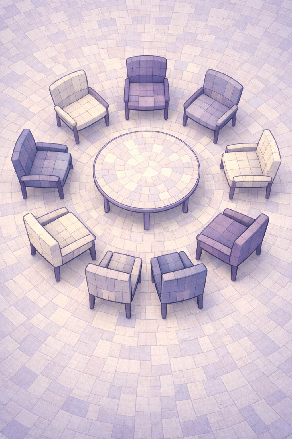 An aerial view of a circular arrangement of nine armchairs surrounding a round table on a stone-tiled floor.