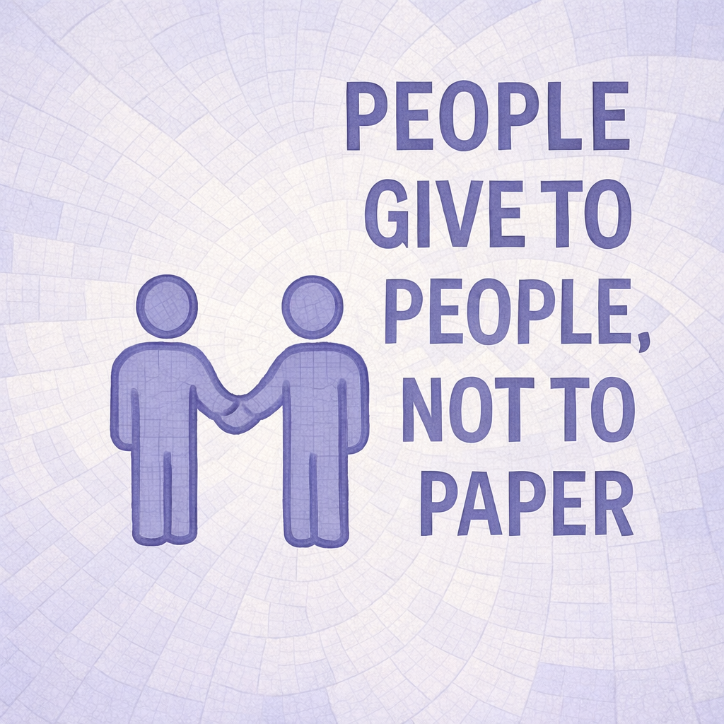 Two stylized figures shaking hands with the text 'People give to people, not to paper' on a light purple background.