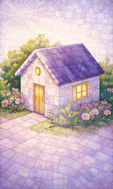 A whimsical illustrated house with a purple roof, surrounded by flowers and greenery, under a sunlit sky.