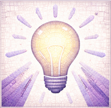 A glowing light bulb with rays emanating from it, set against a patterned background.