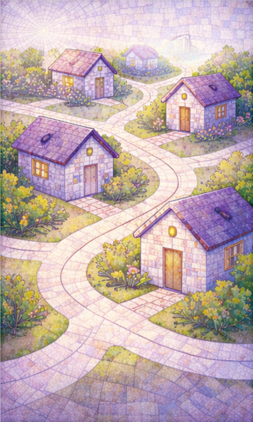 A colorful illustration of a winding pathway with five small stone houses surrounded by green bushes and trees, under a bright sun in the sky.