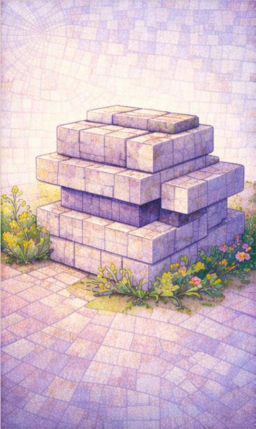 A stone well with a layered, brick-like structure, surrounded by flowers and greenery on a paved stone surface.