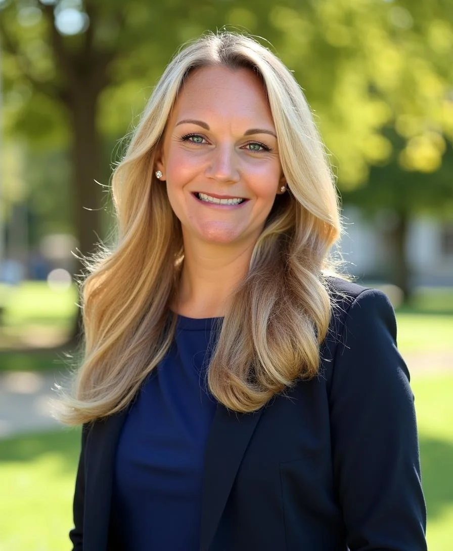 A smiling woman with long blonde hair wearing a dark blazer and a blue top outdoors with green trees and sunlight in the background.