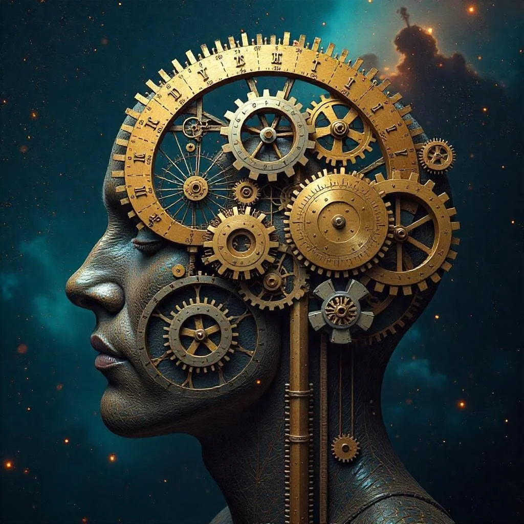 A steampunk-style sculpture of a human head with gears and cogs integrated into the brain area, set against a cosmic background with stars.